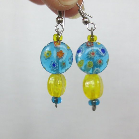 New Blue & Yellow Hand Crafted Dangle Earrings - Picture 1 of 6